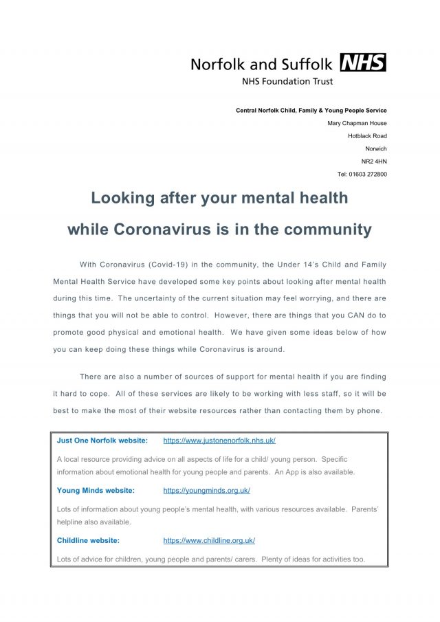 Looking after mental health while Coronavirus is in the community_for schools+GPs