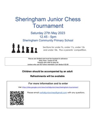 Sheringham Junior Chess Tournament 27th May 2023 A4 Poster